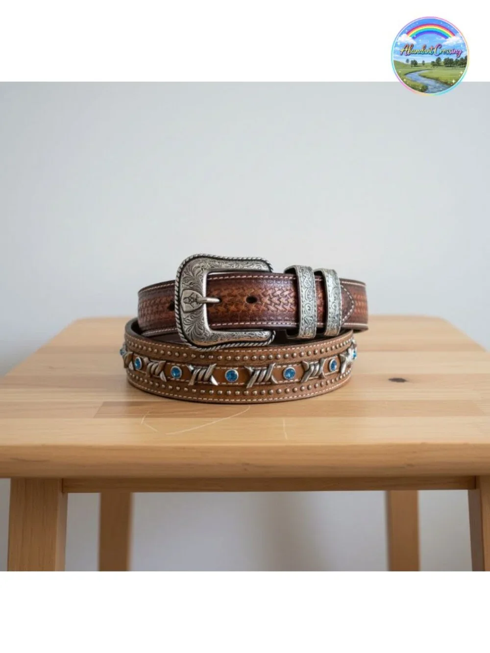 Genuine Leather Western Belt Embossed Barbed Wire Blue Crystals Snap Buckle